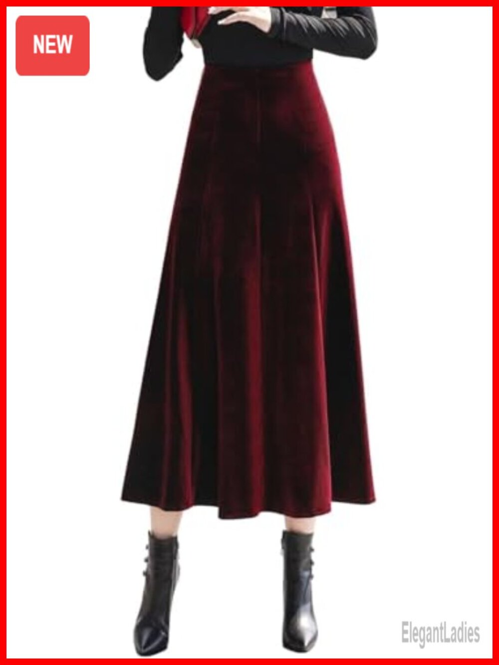 High Waist Pleated Velvet Midi A-Line Skirt with Pockets